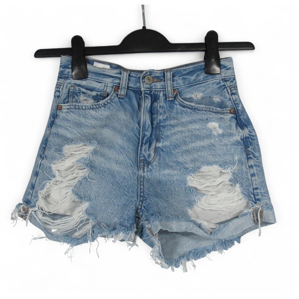 AMERICAN EAGLE AEO Blue Denim MOM JEAN SHORTS Mid Rise DESTROYED RIPPED Sz 00